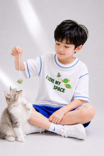 Pockman Kid Oversized Cotton Terry Overlock Printed White Tshirt