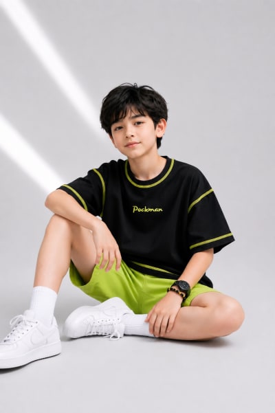 Pockman Kid Oversized Cotton Terry Overlock Black Tshirt