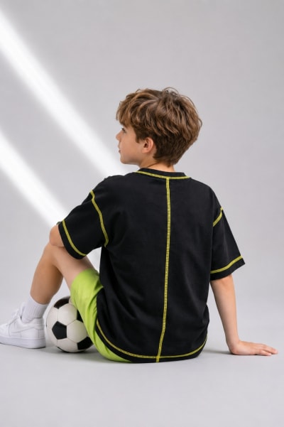 Pockman Kid Oversized Cotton Terry Overlock Black Tshirt