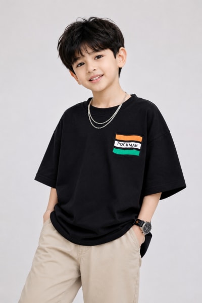 Pockman Kid Oversized Cotton Terry Flag Printed Black Tshirt