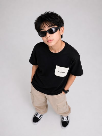 Pockman Kid Oversized Cotton Terry Pocket Flap Black Tshirt