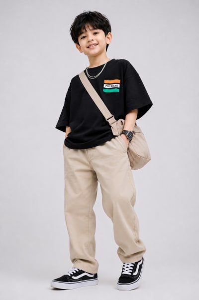 Pockman Kid Oversized Cotton Terry Flag Printed Black Tshirt