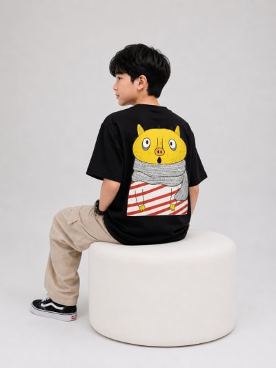Pockman Kid Oversized Cotton Terry Pocket Flap Black Tshirt