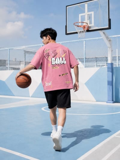 Pockman Men Oversized Cotton Basketball Puff Printed Dusty Lavender Tshirt