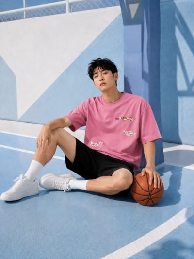 Pockman Men Oversized Cotton Basketball Puff Printed Dusty Lavender Tshirt