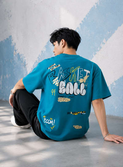 Pockman Men Oversized Cotton Basketball Puff Printed Teal Tshirt