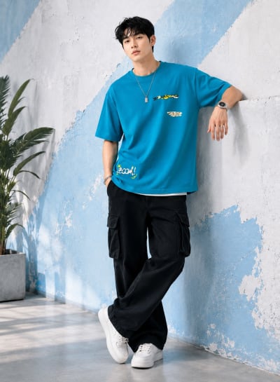 Pockman Men Oversized Cotton Basketball Puff Printed Teal Tshirt