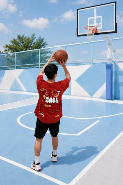 Pockman Men Oversized Cotton Basketball Puff Printed Rust Tshirt