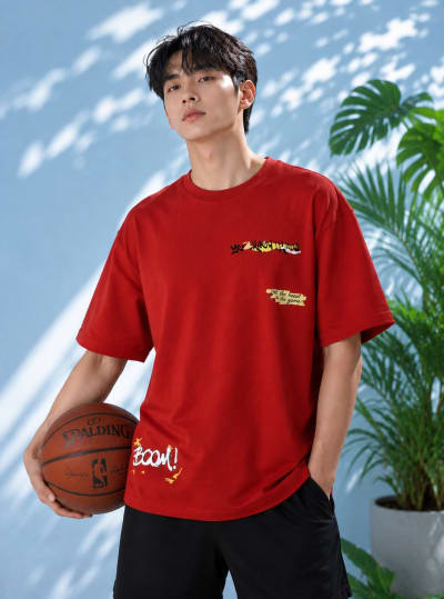 Pockman Men Oversized Cotton Basketball Puff Printed Rust Tshirt