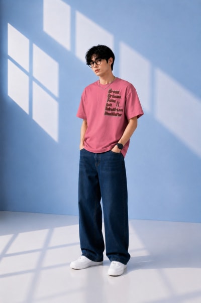 Pockman Men Oversized Cotton Dream Puff Printed Coral Pink Tshirt