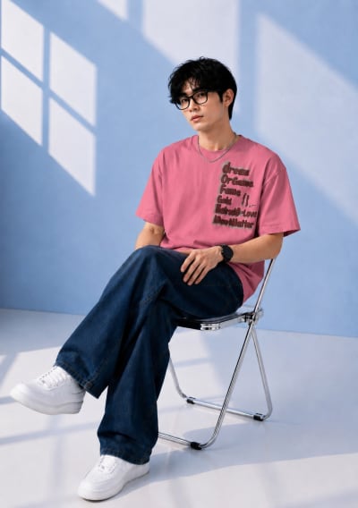 Pockman Men Oversized Cotton Dream Puff Printed Coral Pink Tshirt