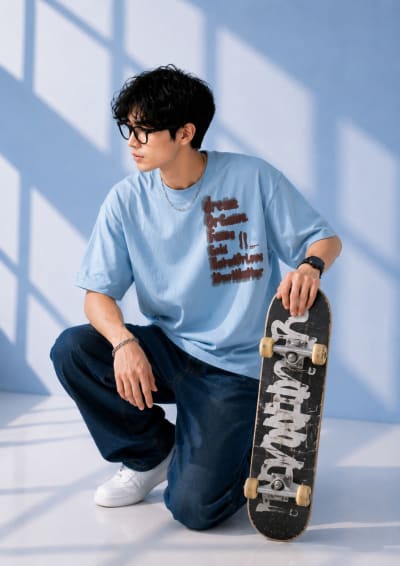 Pockman Men Oversized Cotton Dream Puff Printed Skyblue Tshirt