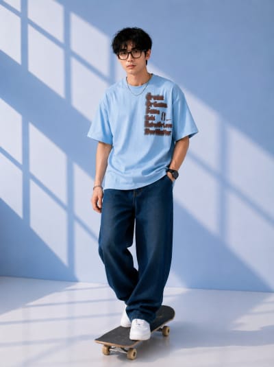 Pockman Men Oversized Cotton Dream Puff Printed Skyblue Tshirt
