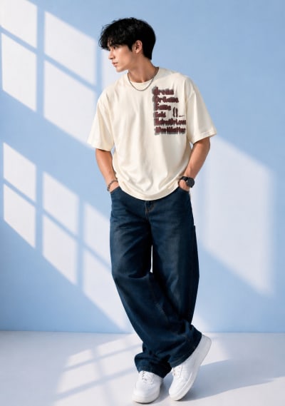 Pockman Men Oversized Cotton Dream Puff Printed Off White Tshirt