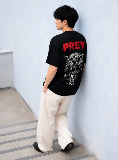 Pockman Men Oversized Cotton Prey Glow 'n' Dark Printed Black Tshirt