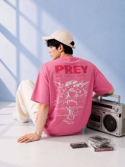 Pockman Men Oversized Cotton Prey Glow 'n' Dark Printed Coral Tshirt