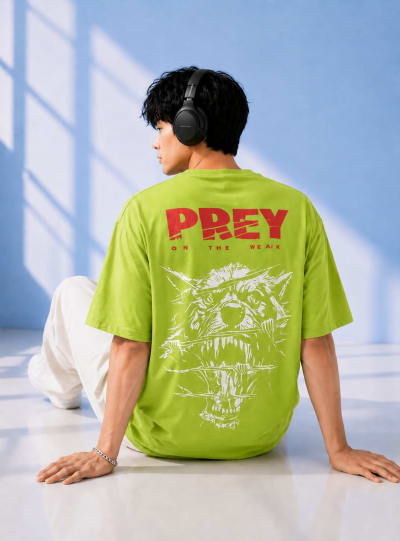Pockman Men Oversized Cotton Prey Glow 'n' Dark Printed Lime Tshirt
