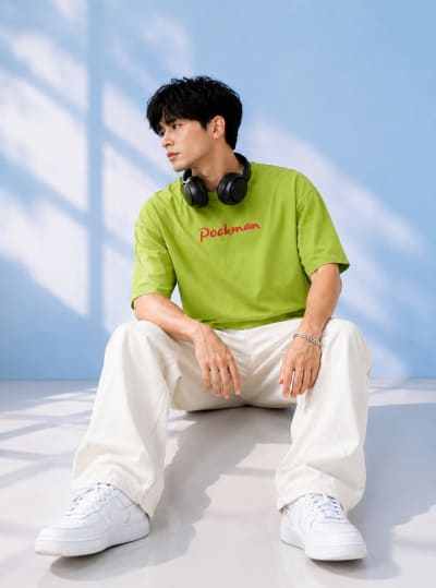 Pockman Men Oversized Cotton Prey Glow 'n' Dark Printed Lime Tshirt