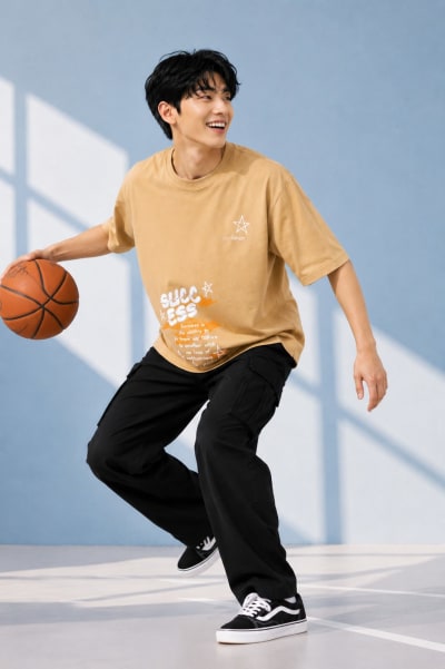 Pockman Men Oversized Cotton Sucess Glow 'n' Dark Printed Beige Tshirt