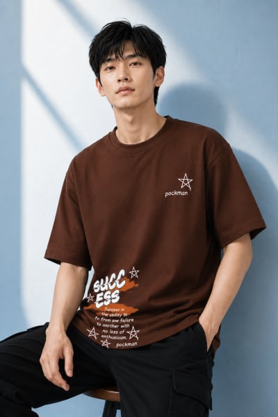Pockman Men Oversized Cotton Sucess Glow 'n' Dark Printed Brown Tshirt