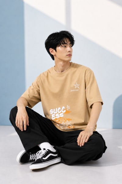 Pockman Men Oversized Cotton Sucess Glow 'n' Dark Printed Beige Tshirt