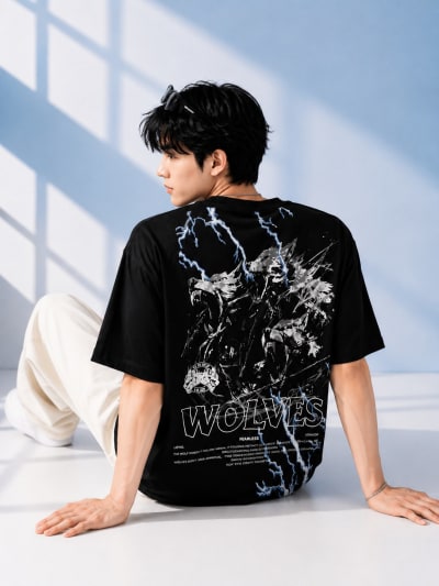 Pockman Men Oversized Cotton Wolf Glow 'n' Dark Printed Black Tshirt