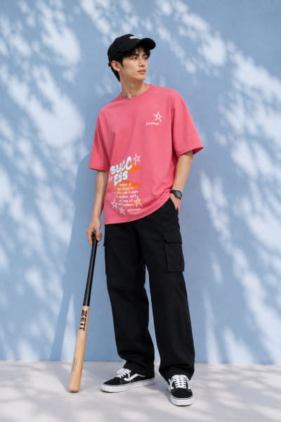 Pockman Men Oversized Cotton Sucess Glow 'n' Dark Printed Coral Tshirt