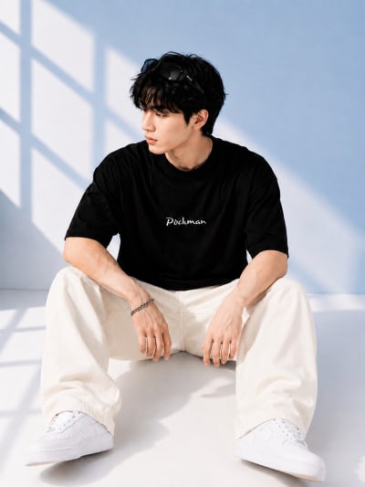 Pockman Men Oversized Cotton Wolf Glow 'n' Dark Printed Black Tshirt