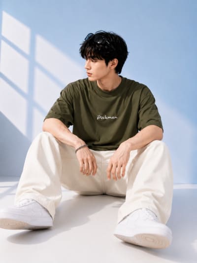 Pockman Men Oversized Cotton Wolf Glow 'n' Dark Printed Olive Tshirt