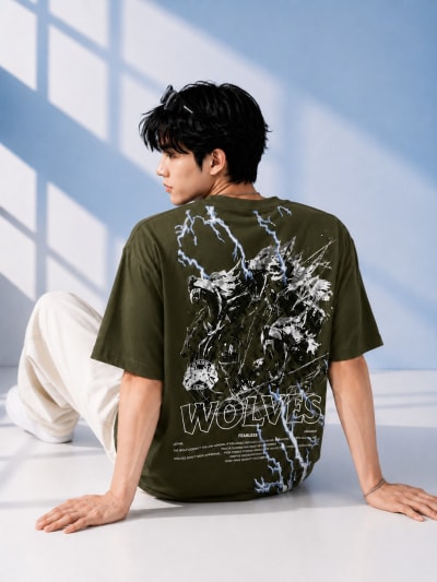 Pockman Men Oversized Cotton Wolf Glow 'n' Dark Printed Olive Tshirt