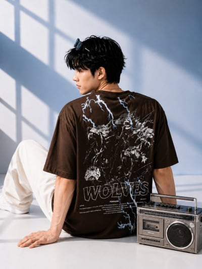 Pockman Men Oversized Cotton Wolf Glow 'n' Dark Printed Brown Tshirt