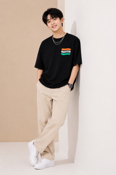 Pockman Men Oversized Cotton Flag Raw Edge Cut Printed Tshirt