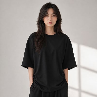 PockMAN Women Oversized Fit Cotton Classic Round Neck Black Tshirt