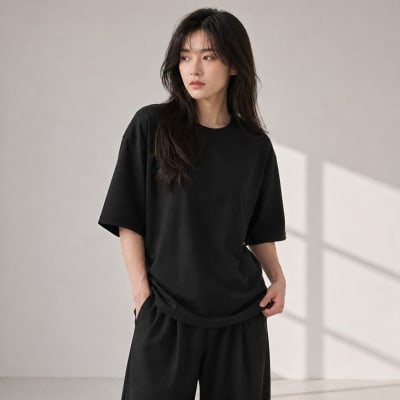 PockMAN Women Oversized Fit Cotton Classic Round Neck Black Tshirt