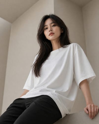 PockMAN Women Oversized Fit Cotton Classic Round Neck White Tshirt