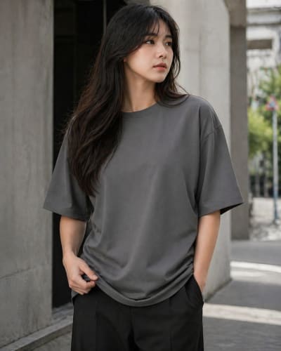 PockMAN Women Oversized Fit Cotton Classic Round Neck Grey Tshirt