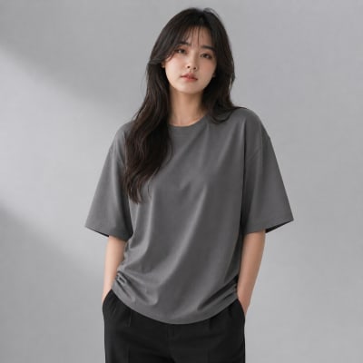PockMAN Women Oversized Fit Cotton Classic Round Neck Grey Tshirt