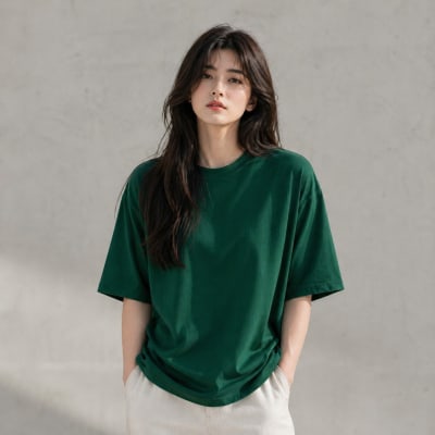 PockMAN Women Oversized Fit Cotton Classic Round Neck Green Tshirt