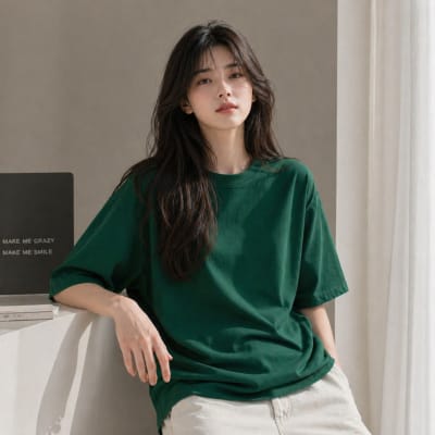 PockMAN Women Oversized Fit Cotton Classic Round Neck Green Tshirt