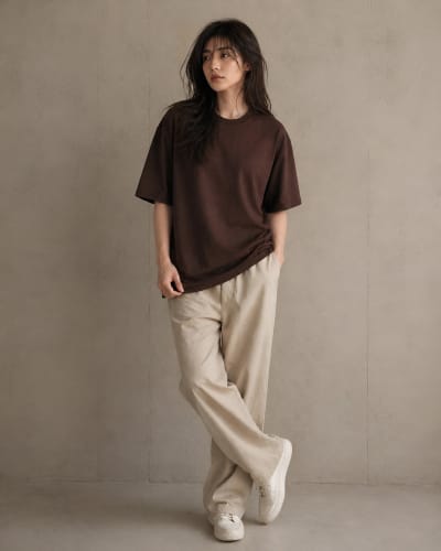 PockMAN Women Oversized Fit Cotton Classic Round Neck Brown Tshirt