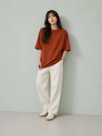 PockMAN Women Oversized Fit Cotton Classic Round Neck Rust Tshirt