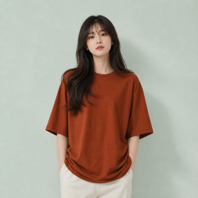 PockMAN Women Oversized Fit Cotton Classic Round Neck Rust Tshirt