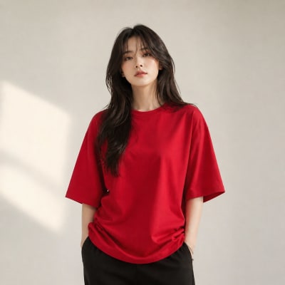 PockMAN Women Oversized Fit Cotton Classic Round Neck Red Tshirt