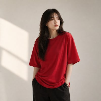 PockMAN Women Oversized Fit Cotton Classic Round Neck Red Tshirt