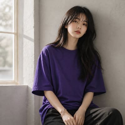 PockMAN Women Oversized Fit Cotton Classic Round Neck Voilet Tshirt