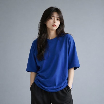PockMAN Women Oversized Fit Cotton Classic Round Neck Royal Blue Tshirt