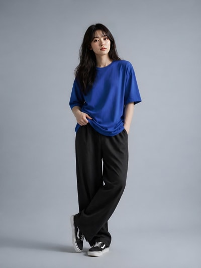 PockMAN Women Oversized Fit Cotton Classic Round Neck Royal Blue Tshirt