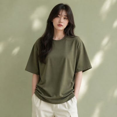 PockMAN Women Oversized Fit Cotton Classic Round Neck Olive Tshirt