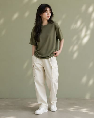 PockMAN Women Oversized Fit Cotton Classic Round Neck Olive Tshirt