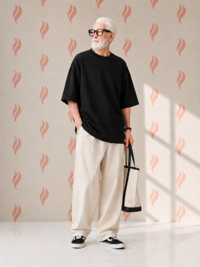 PockMAN Oversized Fit Cotton Classic Round Neck Black Tshirt